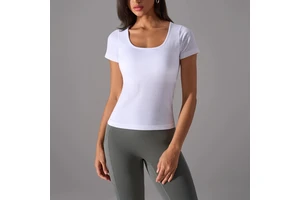 Wholesale Women's Scoop Neck Short Sleeve Padded Yoga Top Slim Fit Athletic T-Shirts Casual Basic Top Solid Gym T Shirt