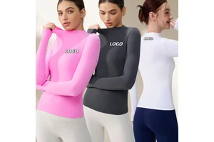 Yimo Women Nude Feeling High Collar Golf Top Female Long Sleeves Slim Yoga Clothes Lady High Stretch Tight Running Undershirt