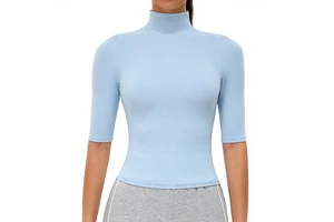 Women's European American Tight Quick-drying Nylon Spandex Solid Color Sports T-shirt High Collar Mid-sleeve Yoga Outdoor