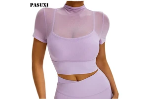 PASUXI Wholesale Women Yoga Wear Sports Bra Top Quick-Dry Fitness Mesh Short Sleeve Sexy Running Shirt with Chest Pad for Wom