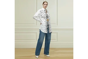 Women Regular Fit Stand Collar Long Sleeves Elasticity Heart Shape Pleated Digital Printing Woven Cotton Blouses & Shirts Tops