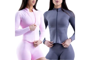 Seamless Stand Collar Zipper Long Sleeve Yoga Jacket for Women Fitness Sports Top with Front Logo Plus Size Outdoor Gym Wear