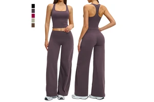 Women Yoga Set Breathable Racerback Sports Tank Top Elastic High Waist Gym Wide Leg Pants Soft Women Fitness Workout Activewear