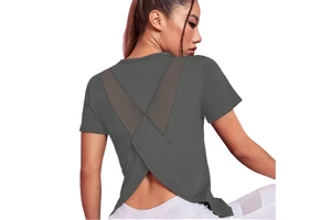 Women's Athletic Crop Top Quick Dry Gym T-Shirt Front Breathable Yoga Active Wear Solid Loose Back Mesh Splicing Short Washed