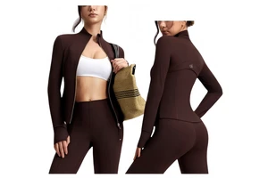 New design AL women' spring and autumn short sports jacket slim yoga top long sleeved with finger cots stand up collar yoga suit