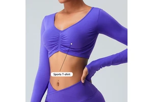 Wholesale Long Sleeve Yoga Top Mujer Front Pleated Design Winter Gym Wear Ladies Sport Running Compression Shirts Workout Top