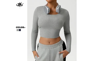 New Design Simple Threaded Sports Tops for Women Crew Neck Long Sleeve Tight Slimming Yoga T-shirts Crop Top Fitness Clothing