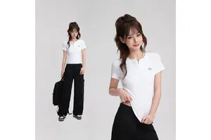 Women's V-neck Vintage Plain Cotton T-shirt Wholesale Basic Short Sleeves Tops Sports Fitness Yoga Wear Sexy Summer Clothes