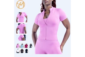 YIMO Women's Slim-Fit Zippered Short-Sleeve Yoga Top with Tummy Control Quick-Dry for Fabric Solid Pattern for Outdoor Fitness