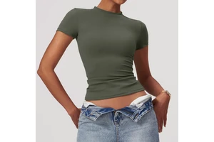 Spring Spandex/Nylon Quick-Dry Solid 140g Yoga Wear Tight-Fitting Short Sleeve Fitness Top Cover-Up Outdoor Running Sports Women