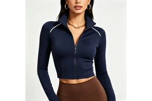 Custom Women Cropped Yoga Jacket Full Zip Four-Way Stretch High Elastic Seamless Long Sleeve Gym Top Breathable Regular Front