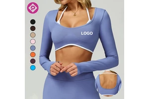 Seamless Ribbed Long Sleeves Cropped Slim-Fit Gym T-Shirts Women Running Fitness Backless Yoga Tops