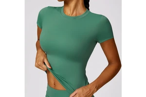 2025 Women's Quick Dry Breathable Four-Way Stretch Skinny Fit Short Sleeve Solid Spandex Yogawear Fitness Tops for Outdoor