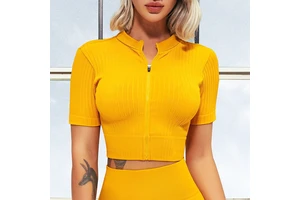 Wholesale High Elastic Seamless Crop Top Short Sleeve Zipper Yoga Wear Top Workout Sport Running Shirts for Gym Workout