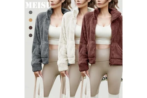 MEISU Plush Polar Fleece Sports Jacket Loose Thickened Yoga Top Long Sleeve Lamb Fleece Zipper Yoga Clothes for Women