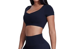 Solid Color Nylon Fitted Sports Crop Top Short-Sleeved T-Shirt Women Yoga Gym Vest Quick-Drying Breathable Chest Pad Bra Wear