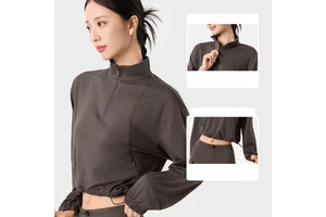 Women's Athletic Long Sleeve Top Half Zip High Neck Drawstring Hem Cropped Fit Sportswear for Workout Yoga Fitness