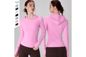 New Style Nude Feeling Yoga Tops Thumbs Holes Hood Slimming Version Fitness Long Sleeves