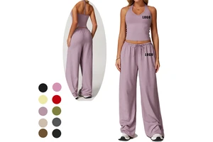 Wholesale Brushed Halter Neck Tank Top Wide-leg Joggers Loose Pants Gym Wear Workout 2 Piece Yoga Sets