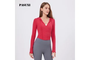 PASUXI Women's Sexy Deep V Neck Long Sleeve Yoga Hoodie with Thumb Holes Drawstring Slim Fit Custom Sweatshirt