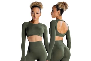 Women's Lightweight Eco-Friendly Seamless Spandex Crop Top Long Sleeves Open-Back Design Solid Pattern Yoga Wear Front Skinny