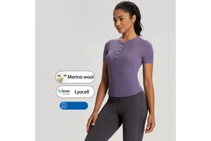 Wholesale Merino Wool T-shirts 2025 Henley Shirt Women's Golf Tennis Yoga Outdoor Wear Elastic Nude Feel Solid Polo Shirts