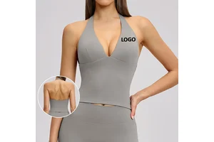 Women Deep V Sleeveless Seamless Yoga Top Breathable Halter Tummy Control Workout Tank with Bra Custom Private Label Gym Clothes