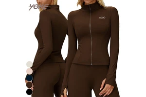 New Custom Wholesale Long Sleeve Breathable Fitness Tops Full Zipper Stand Collar Warm Sports Jackets Windproof Fleece Yoga Top