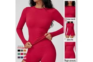 New Luxury Solid Color Crew Neck Compression Yoga Sports Top Spandex/Nylon Brushed Tight Four-Way Stretch Long Sleeve