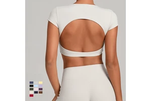 Women Backless Running Sports Top Gym Clothing Breathable Hollow Out Back Slim Fit Workout T-shirt Short Sleeve Yoga Crop Tops