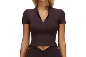 Women's Naked-Feel Yoga Short-Sleeve Stand Collar Zipper-Front Fitted Sports Top for Outdoor Running and Fitness