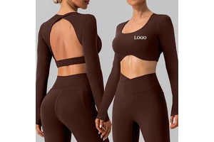 Custom Nylon Spandex Long Sleeve Sports Fitness Crop Tops High Stretchy Soft Breathable Backless Workout Yoga Crop Tops