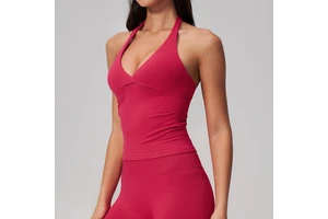 Seamless Halter V Neck Solid Fashion Spandex Sports Top Shockproof Slim Fit Backless Yoga Shirt