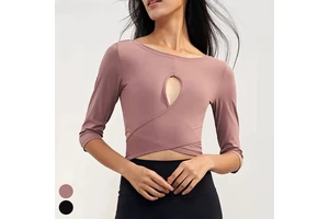 Custom Logo Workout Wear Cross Hem Hollow Out Running Crop Top Six-quarter Sleeve Short Fitness Sports Top Yoga Tshirt for Women