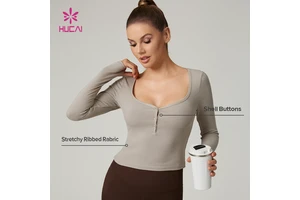 HUCAI Custom 90.2% Viscose 9.8% Spandex Square Neck Stretchy Ribbed Slim Fit Long Sleeve Yoga Top Workout Women Gym t Shirt