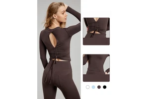 Pleated Drawstring Hollow Back Fitness Yoga Top Four-Way Stretch Long Sleeves Padded Gym Crop Top for Women