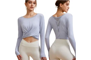 Aoyema Two Ways to Wear Round Neck Mesh Pleated Long Sleeve Tops Twist Thin Hollow Loose Outdoor Breathable Running Yoga Clothes
