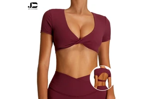 Women Tight V-Neck Short Sleeve Sports T-Shirt Twist Design Back Hollow Out Sportswear Workout Fitness Yoga Crop Tops