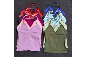 SHINBENE Seamless Strappy Tank Tops Women Front Scrunch Halter Neck Sport Gym Fitness Vest Sportswear