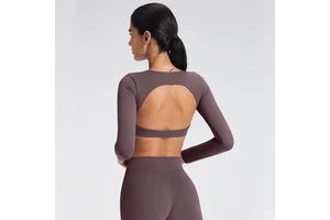 Women Hollow Back Quick Dry Yoga Crop Top Long Sleeve Breathable Fitness Training Athletic Wear