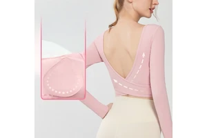 New Long-Sleeve Sports T-Shirt With Built-in Bra And Backless Square Neckline For Outerwear Yoga Top