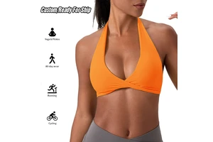 Custom Design Lightweight Seamless Breathable Pilates Wear Deep V Neck Twist Yoga Top Gym Fitness Underwear Running Halter Front