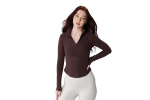 Women's New Trend Long Sleeve Gym Top Breathable Spandex Yoga Sportswear with Quarter Zip Soft Sweat Wicking Sports Top