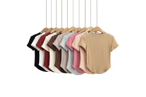 Round Neck Curved Hem Short T-Shirt Tops Women's Slim Threaded Tight Short Sleeve T-Shirt Fashion