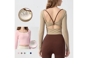Women's Yoga Long-Sleeved Top Chest Pads Lightweight Spandex/Nylon Shockproof Four-Way Stretch Breathable Quick Dry Autumn Wear