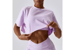 Ladies Round Neck Short Sleeve Raw Hem Cropped Yoga Tops Sweat-wicking Spring Casual Cotton Gym T-shirts 2023