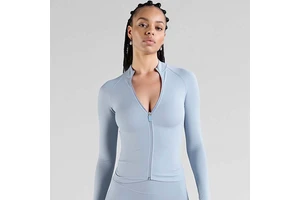 Best-selling Sheer-effect Fitted Yoga Top with Stand-up Collar Zip-fastening Waist Slimming Fit and Long Sleeves