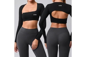 Custom LOGO Women Brushed Irregular Cut Long Sleeve Crop Top Yoga Fitness Back Hollow Out Active Tops