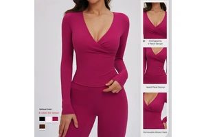 Running and Pilates Workouts Waist Pleat Design Removable Breast Pads Shirt Yoga Long Sleeve V-Neck T-Shirt for Outdoor Wear