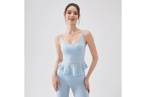 Wholesale Women's Double Strap Ruffle Mesh Yoga Tank Top U-Neck Padded Workout Cami Slim Fit Activewear Breathable Yoga Top